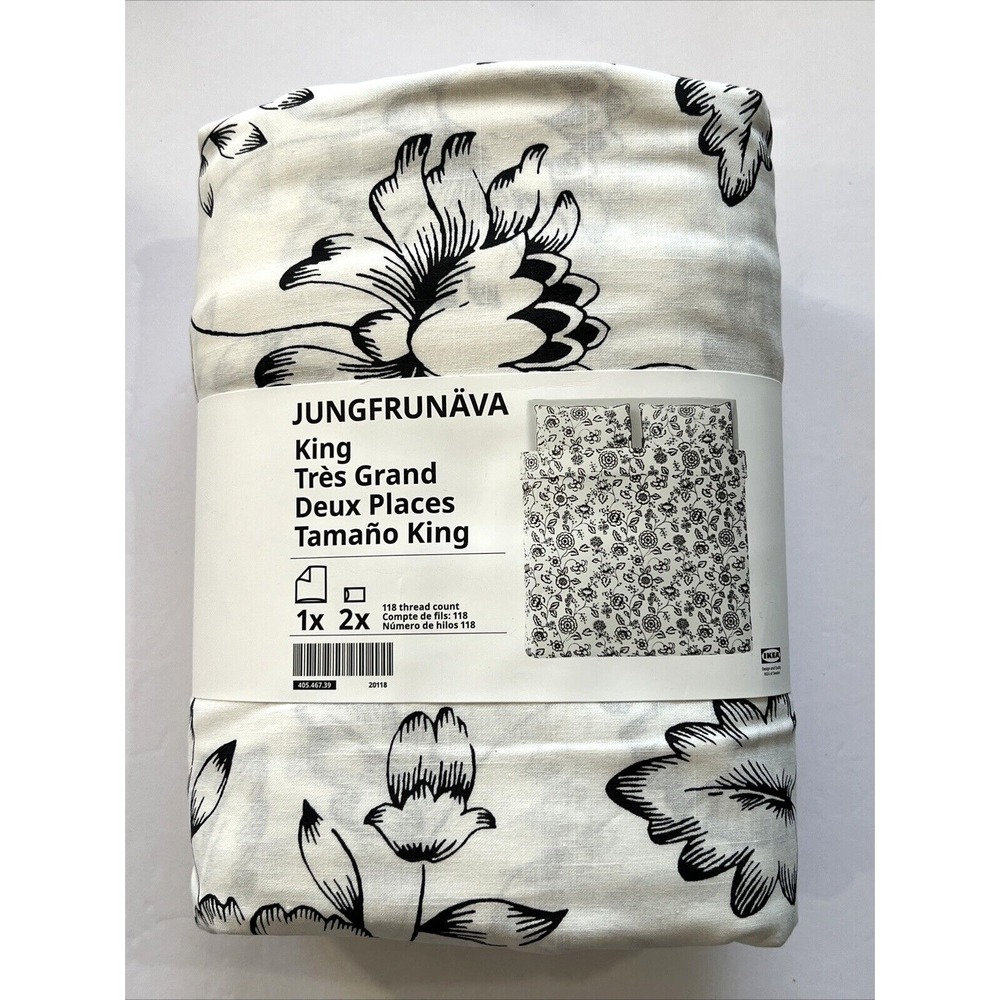 Ikea JUNGFRUNAVA King Duvet Cover + 2 Pillowcases Set White/Gray Floral